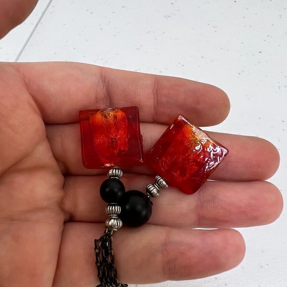 Red Glass Bead‎ Necklace Layered Multi Strand Black Art Beaded Ombre Chain - Picture 7 of 8